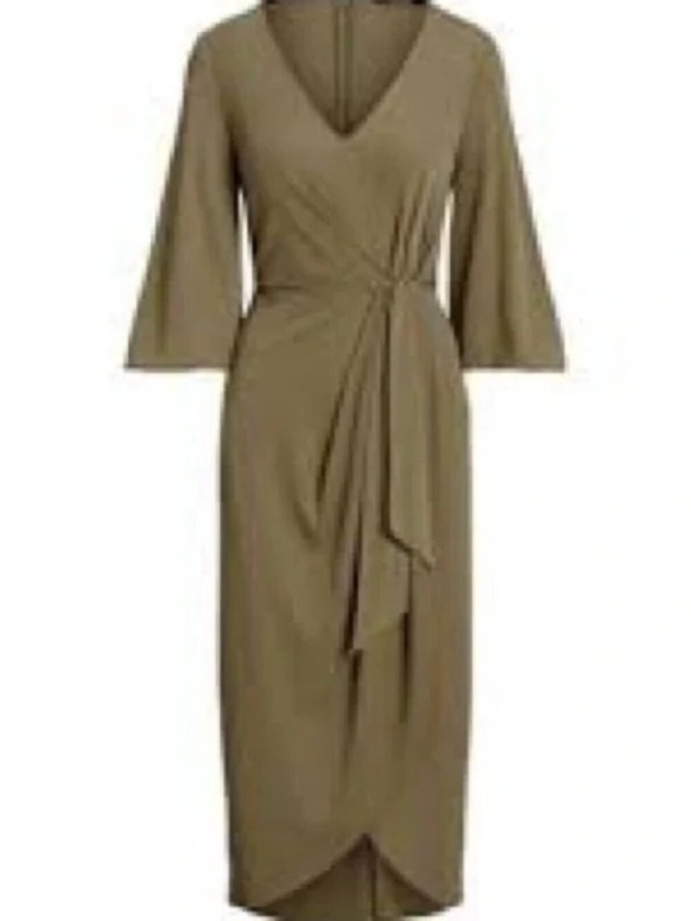 Lauren By Ralph Lauren Olive Stretch Jersey Tie Front Dress Midi NWT Size 16P